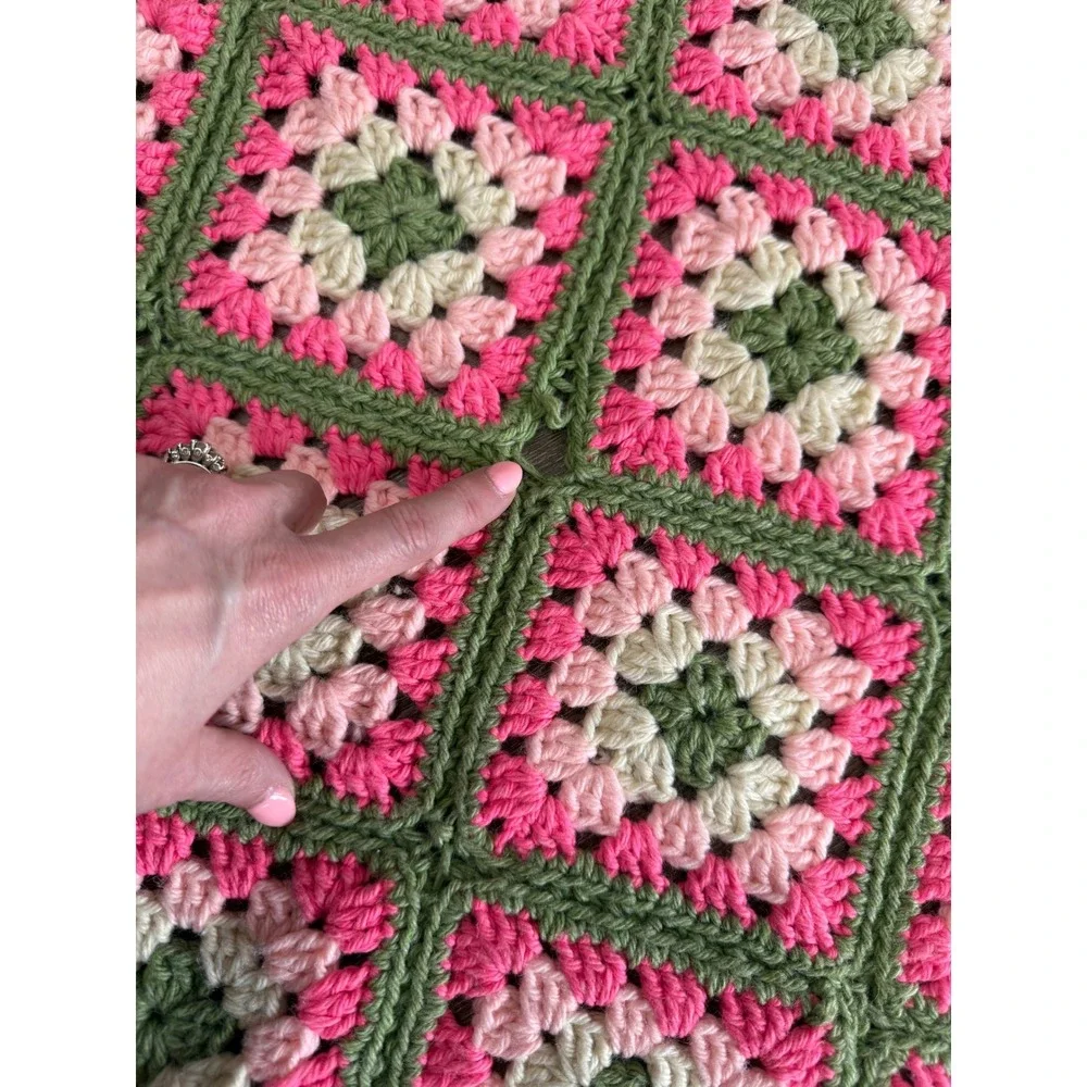Vintage Crochet Granny Square‎ Afghan 58x64 Pink Green Throw Blanket Handmade
